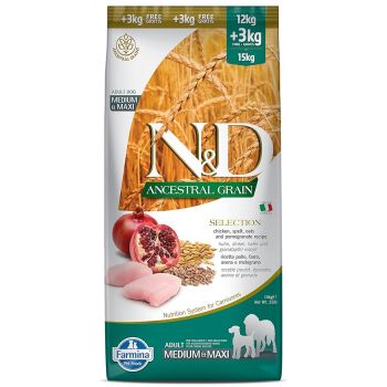 Farmina N&D Ancestral Grain Medium & Maxi Breed Adult Dry Dog Food - Chicken & Pomegranate 15 kg